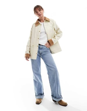 ASOS DESIGN cord top collar waxed jacket in stone