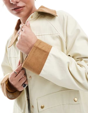 ASOS DESIGN cord top collar waxed jacket in stone