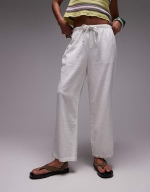 Topshop mid rise linen awkward length trouser in white