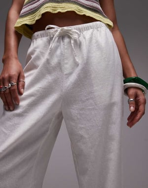 Topshop mid rise linen awkward length trouser in white