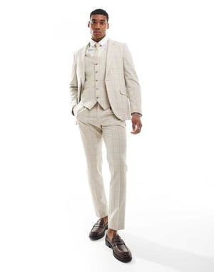 Shelby and Sons wainwright slim suit jacket in stone with windowpane check