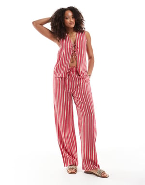 ASOS DESIGN linen look pull on trouser co-ord in red stripe