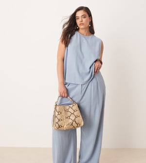 ASOS DESIGN Curve pleat front wide leg trousers with linen co-ord in blue