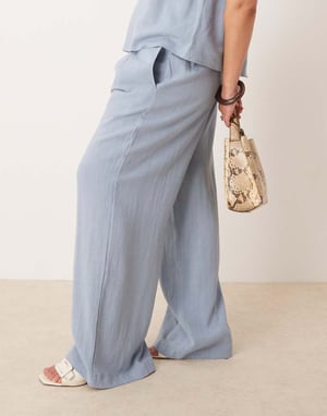 ASOS DESIGN Curve pleat front wide leg trousers with linen co-ord in blue