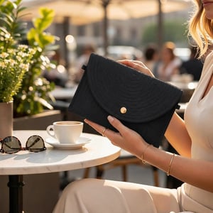 Ladies Minimalist Envelope Crossbody Bag, Woven Straw Clutch Bag in Black