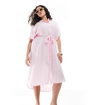 Vero Moda Curve shirt midi dress with tie belt in pink