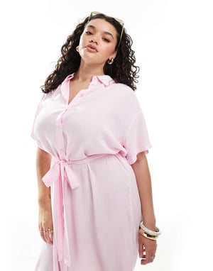 Vero Moda Curve shirt midi dress with tie belt in pink