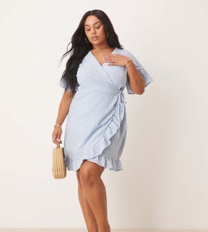 Vila Curve jersey broderie wrap mini dress in kentucky blue