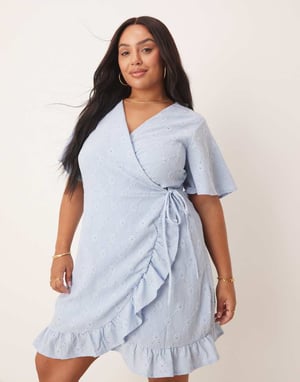 Vila Curve jersey broderie wrap mini dress in kentucky blue