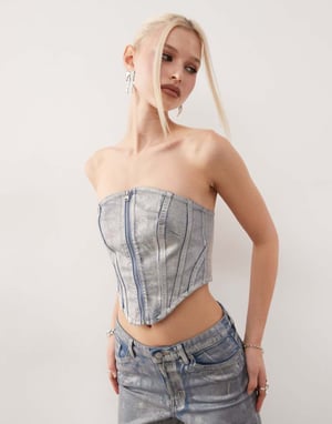 Monki co-ord denimkorsettopp i holografisk tvätt