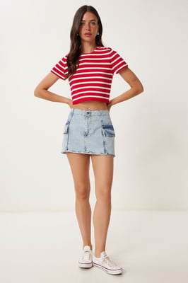 Hoge Taille Denim Rok met Knopen Sluiting