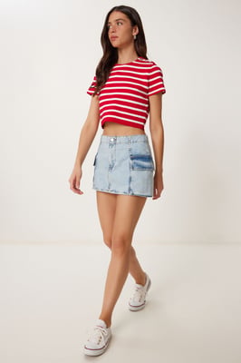 Hoge Taille Denim Rok met Knopen Sluiting