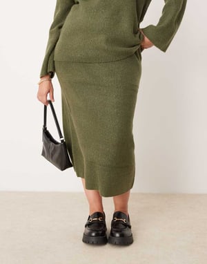 Vila Curve knitted midi skirt co-ord in khaki
