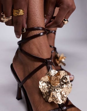 ASOS DESIGN Nobel flower detail caged high heeled sandals in brown