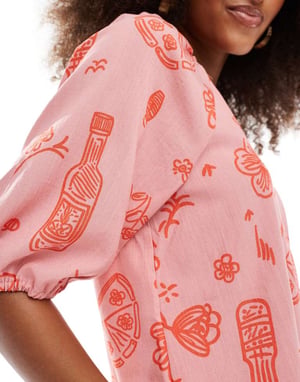 Object buttondown blouse co-ord in rose pink sketch print