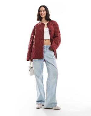 ASOS DESIGN dolphin hem collarless quilted jacket in dark red
