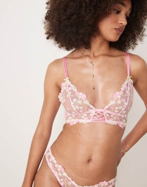 ASOS DESIGN Cleo premium broderad lång linje mjuk bh i rosa