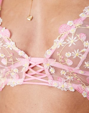 ASOS DESIGN Cleo premium broderad lång linje mjuk bh i rosa