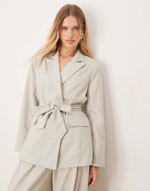 AWARE double breasted belted blazer co-ord in light grey