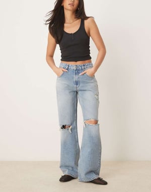 ASOS DESIGN baggy jeans med revor i mellanblå