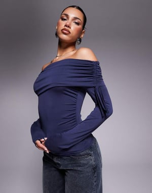 ASOS DESIGN soft handle off shoulder ruched long sleeve top in ink