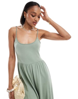 ASOS DESIGN Lång scoop-neck axelbands bredbyxoverall i khaki