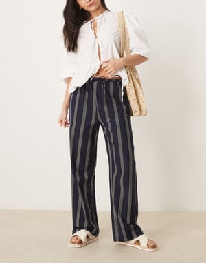 Vila linen touch tie waist wide leg trouser in navy stripe