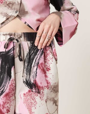 Vila satin wide leg trouser co-ord in pink abstract print