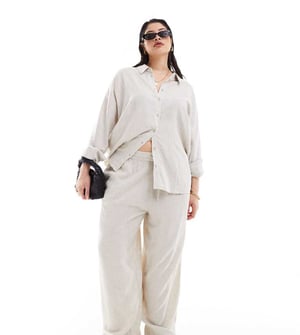 Noisy May Curve loose fit linen mix trouser in oatmeal