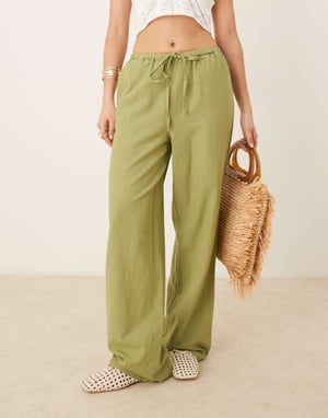 Vila linen touch tie waist wide leg trouser in sage green