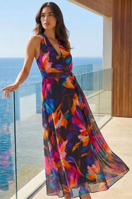 Floral Print Halter Neck Maxi Dress