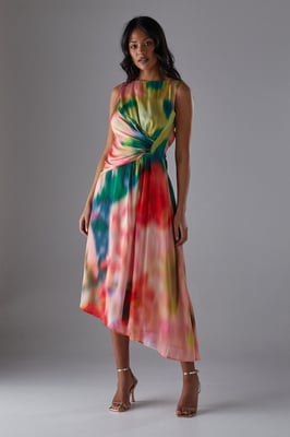 Printed Satin Sleeveless Knot Front Asymmetric Hem Midi Dress