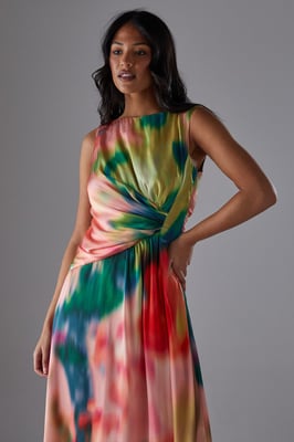 Printed Satin Sleeveless Knot Front Asymmetric Hem Midi Dress