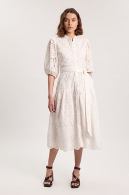 Scalloped Hem Broderie Midi Shirt Dress