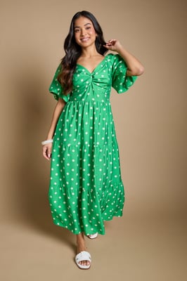 Petite Spot Twist Front Puff Sleeve Midi Dress
