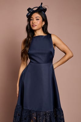 Petite Lace Hem Structured Satin Maxi Dress