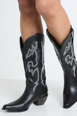 Contrast Stitch Detail Knee High Western Boots
