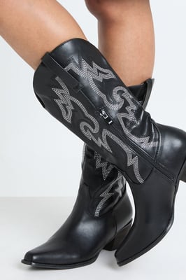 Contrast Stitch Detail Knee High Western Boots