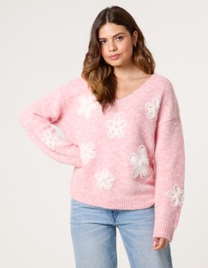 V Neck Flower And Pearl Jumper