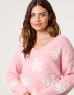 V Neck Flower And Pearl Jumper