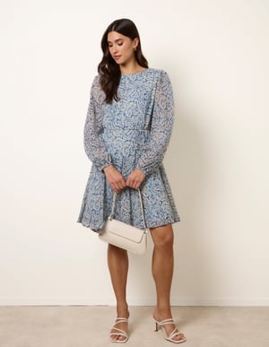 Puff Sleeve Godet Dress With Self Tie
