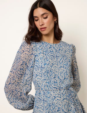 Puff Sleeve Godet Dress With Self Tie