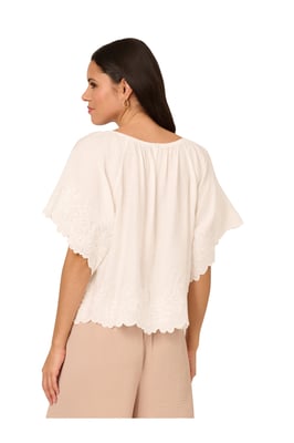 Boat Neck Crinkled Woven Embroidered Floral Hem Top