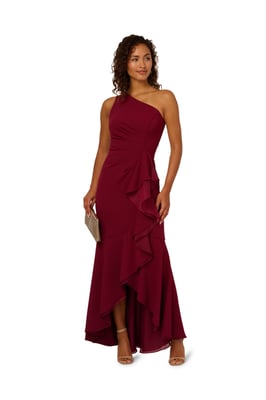 Crepe One Shoulder Ruffle Gown