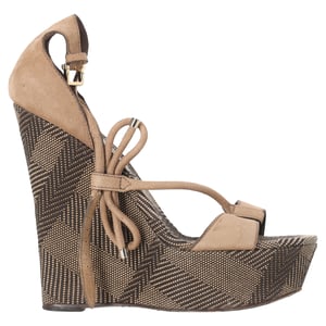 Burberry Bow T-Strap Wedge Sandals in Brown Leather