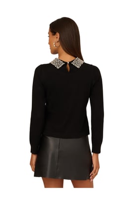 Embellished Polo Collar Long Sleeve Pullover Sweater