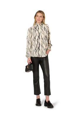 Shirred Bow Tie Neck Printed Woven Blouse With Pleats