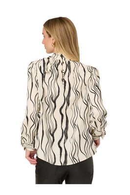 Shirred Bow Tie Neck Printed Woven Blouse With Pleats