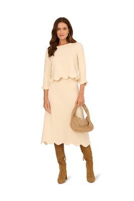Pull On A-Line Sweater Midi Skirt With Wavy Fringe Hem