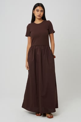 Chocolate Crew Neck Jersey And Poplin Mix Maxi Dress